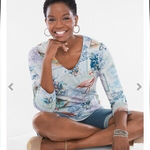 Chico's Tropical Postcard Flamingo V-Neck 3/4 Sleeve Top Multicolor Size 3 XL 16